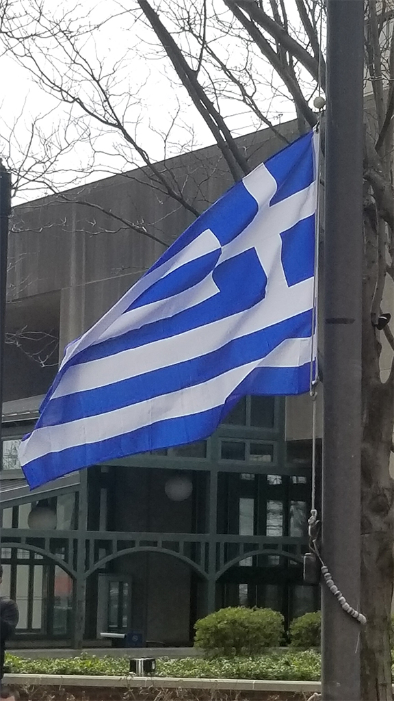 Image of the Greek flag flying in Freedom Plaza