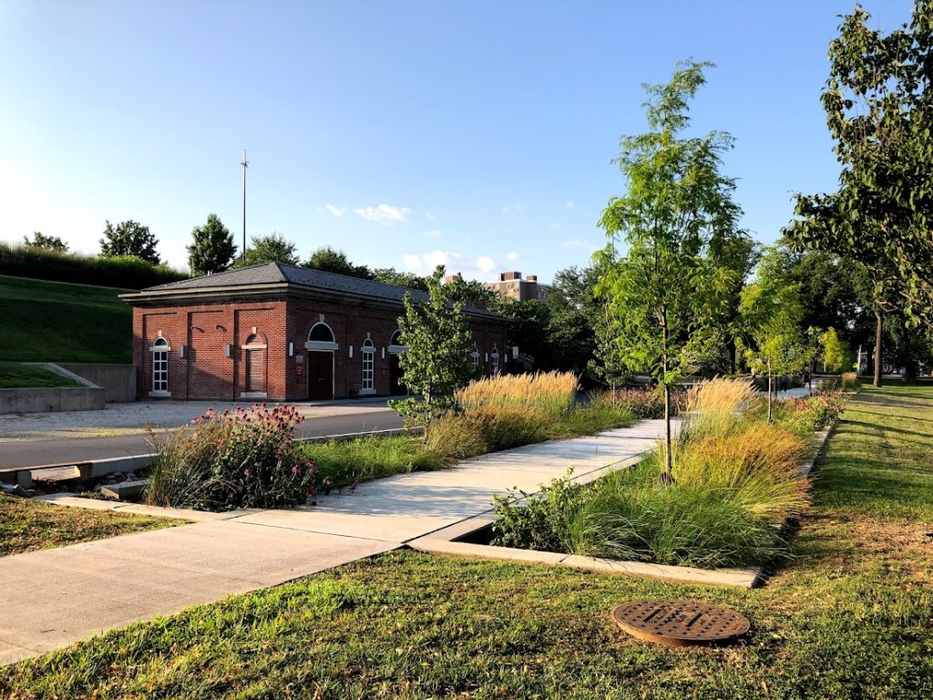 Image of Green infrastructure including planters and a rain garden were installed at Cool Spring Park to help reduce flooding due to rainfall in the park and surrounding areas