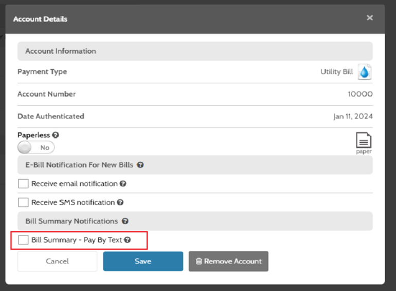 Step 3: Check mark 'Bill Summary - Pay by Text'.