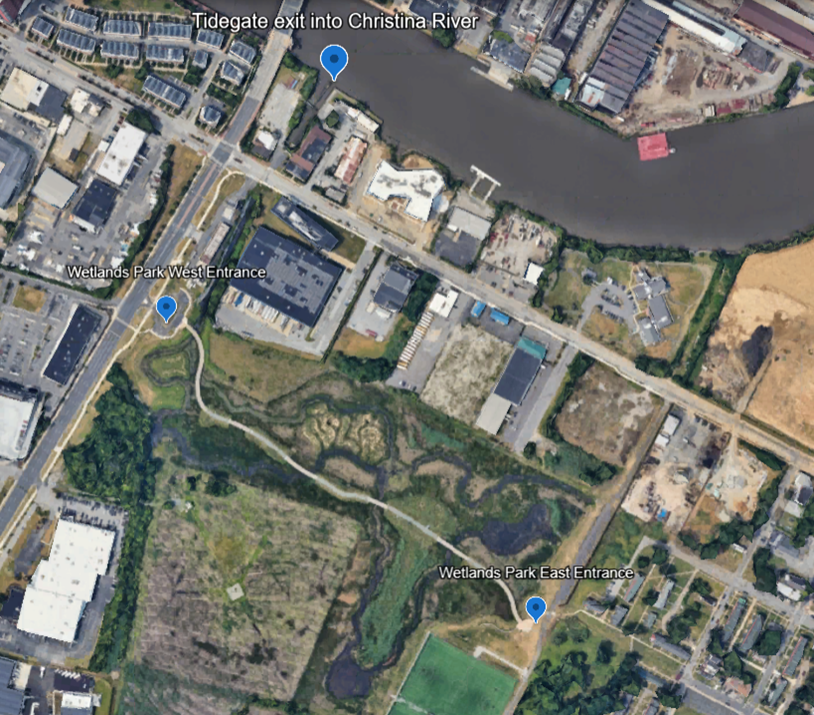 Map of waterway through the park showing floodgate/connection to river